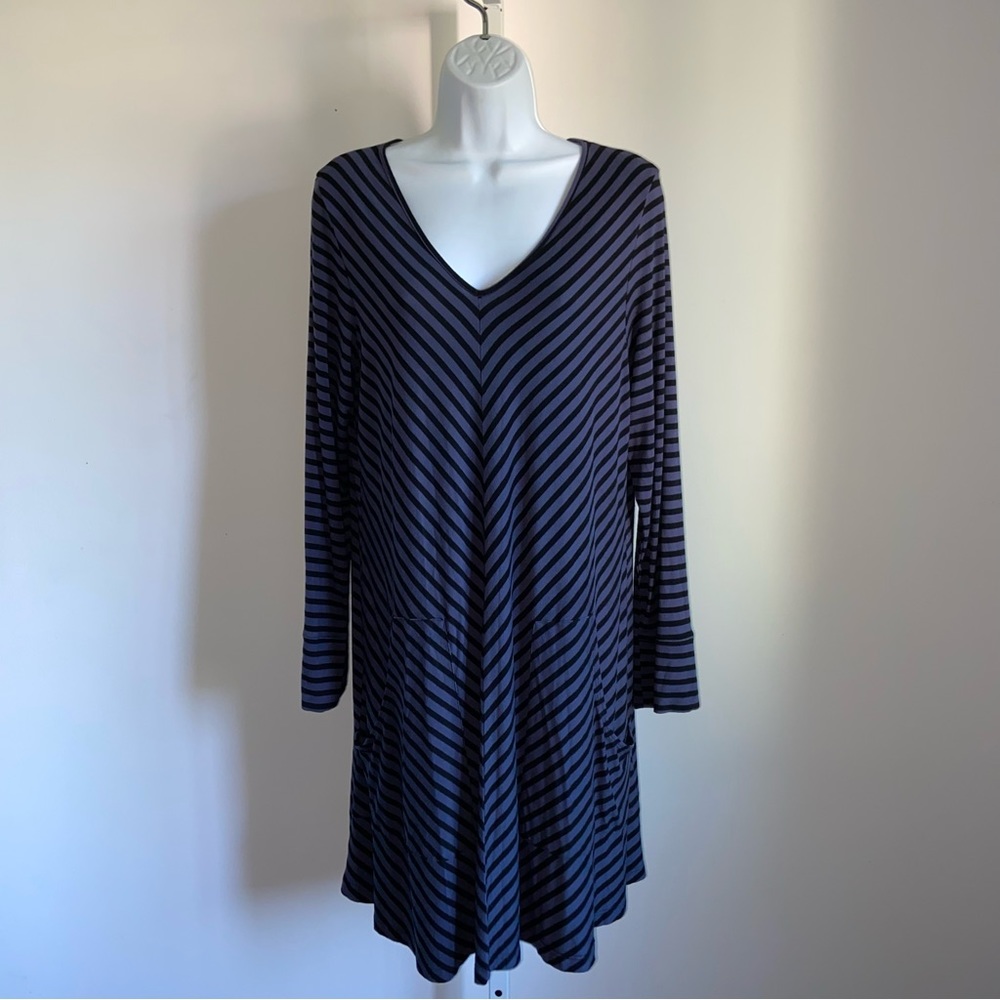 Comfy USA Striped Tunic Dress With Pockets Large V Neck Long Sleeves